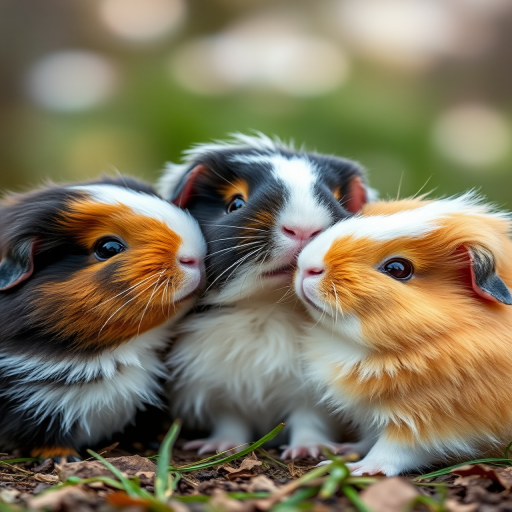 Close-up of three fluffy guinea pigs cuddling in a natural outdoor setting with soft focus background, aperture f/2.8, shutter speed 1/200 sec, ISO 200, 50mm lens, DSLR camera, natural light for enhanced clarity and detail.