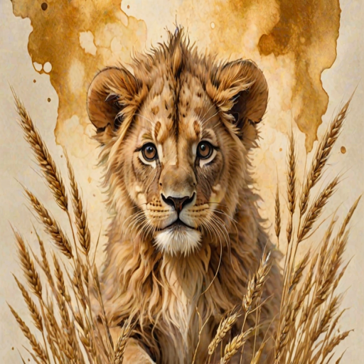 Soft, muted Alcohol Ink with ebru effect background image of tiny whimsical lion, who climbed high on the top of a golden rye ear.