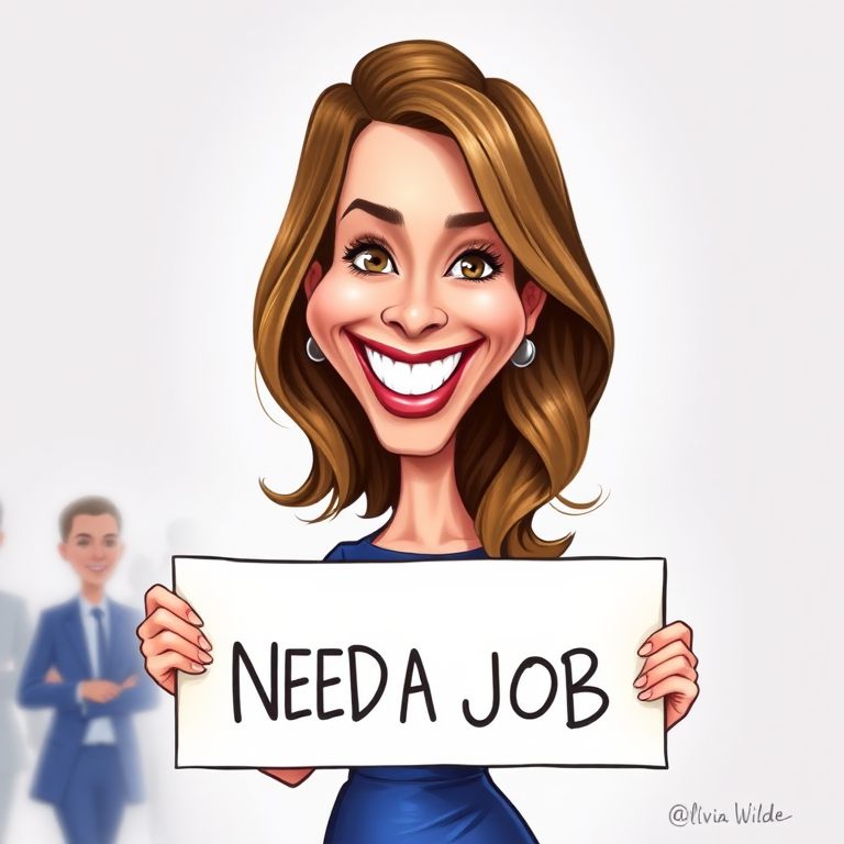 caricature of a smiling Olivia Wilde in a Sapphire dress or suit, holding up a sign that says "NEED A JOB", no watermark,