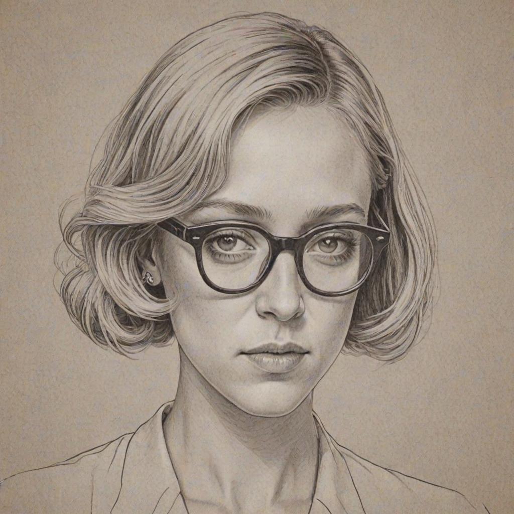 Beauteous Chloe Sevigny, pencil sketch, portrait of Elegant woman 1955s in glasses, hair style beatnik, outline, clear lines, fine lines, 8k
