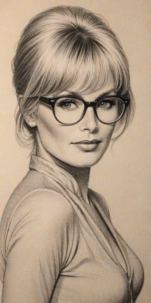 Appealing Linda Evans, pencil sketch, portrait of Wonderful woman 1922s in glasses, hair style beatnik, outline, clear lines, fine lines, 8k