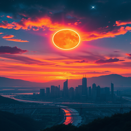 Create a stunning digital painting of a cosmic landscape with a large celestial body eclipsing the horizon, featuring vibrant orange, purple, and blue hues reflecting over a calm city skyline at sunset, using a 50mm lens, f/1.8 aperture, ISO 100, in a landscape orientation to capture intricate details and depth in the scene.