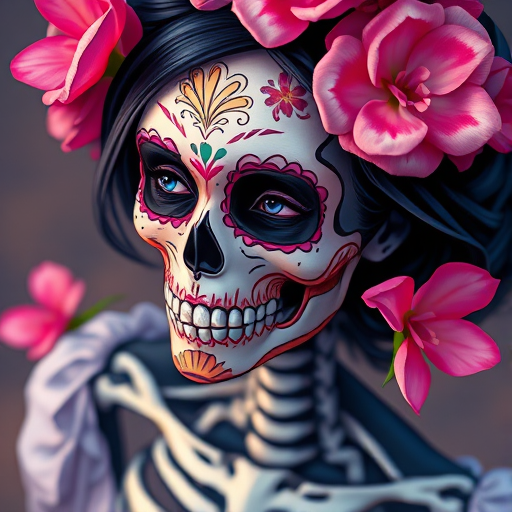 Create a vibrant digital illustration of a Day of the Dead skeleton woman with intricate face paint and pink flowers, using a high-resolution setting of 300 DPI, focal length of 50mm, aperture f/4, soft lighting, and an overhead view to enhance detail and colors.
