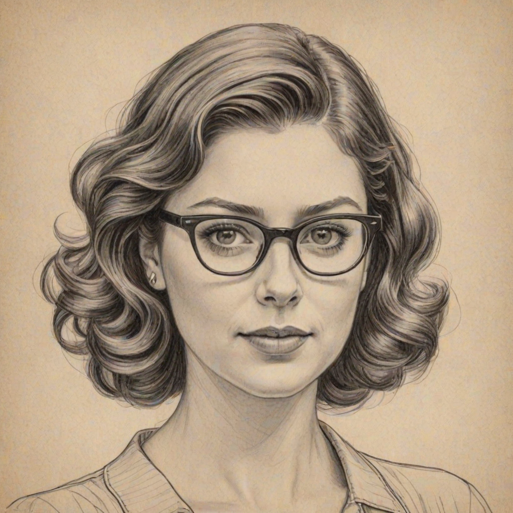 Enchanting Rachel Bloom, pencil sketch, portrait of Graceful woman 1949s in glasses, hair style beatnik, outline, clear lines, fine lines, 8k
