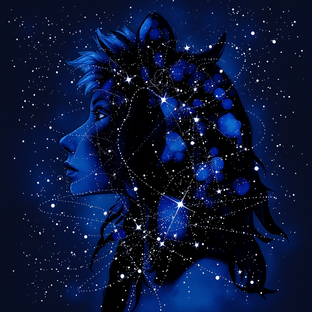 Captivating conceptual render alcohol ink art, double exposure, the paint strokes artfully merge combining a woman's full silhouette with a Adorable alpaca's silhouette. The figures are composed of a series of colored dots, lines & spots that evoke the image of a cosmic galaxy, colors are deep shades of blue purple & black with flashes of white & silver representing distant stars. The woman's silhouette is formed within the lion's silhouette from constellations of scattered stars, surreal