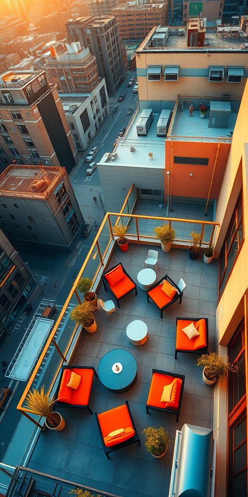 aerial view of a rooftop terrace with orange furniture and railings, golden hour lighting, DSLR camera, 35mm lens, f/8 aperture, ISO 200, high dynamic range imaging