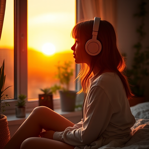 a girl sitting by a window at sunset with headphones on, a cozy bedroom filled with warm light, plants and decor in the background, soft and vibrant colors, high-resolution image, DSLR camera, 50mm lens, f/1.8, ISO 200, golden hour lighting