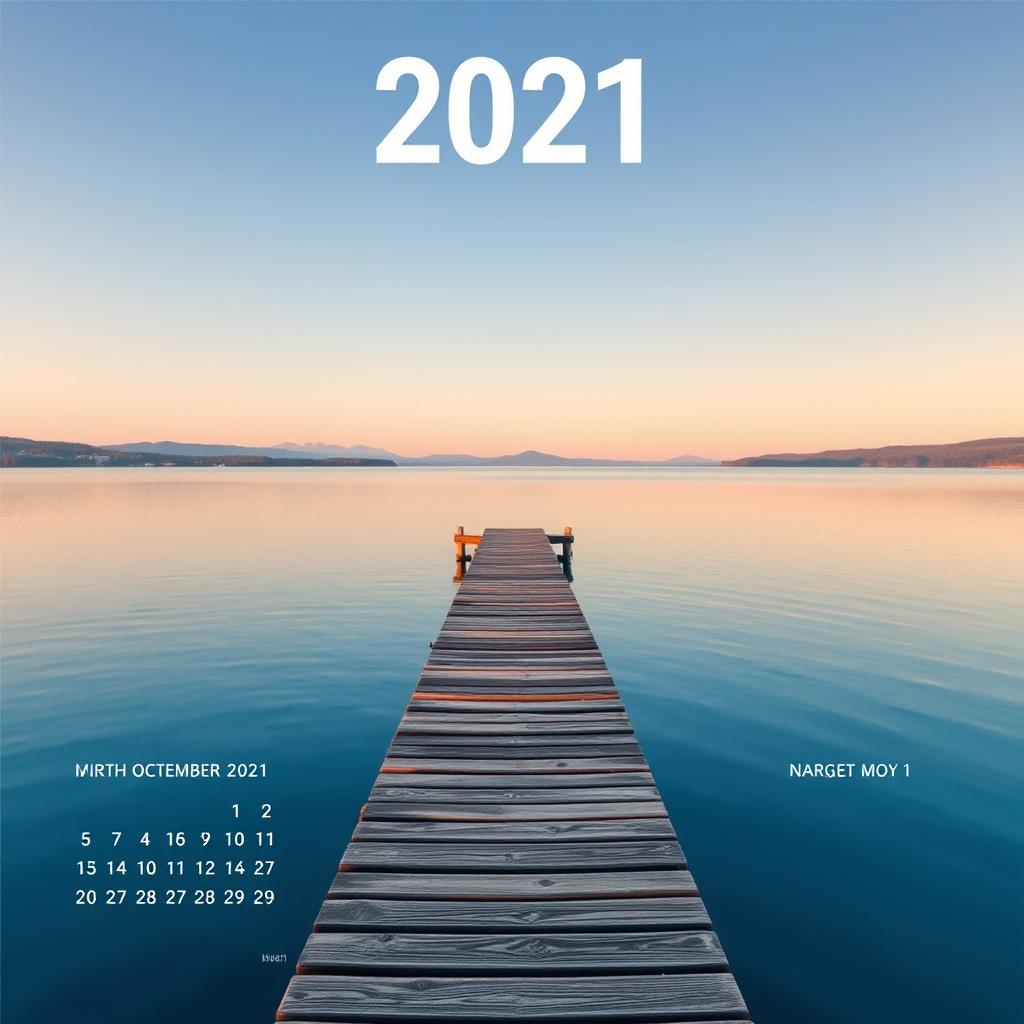 Create a visually appealing calendar graphic for 2021 featuring a serene lake view with a wooden pier extending into the water, using vibrant blue tones, flat design style, shot with a digital camera at f/8 aperture, ISO 100, 24mm focal length, in landscape orientation.