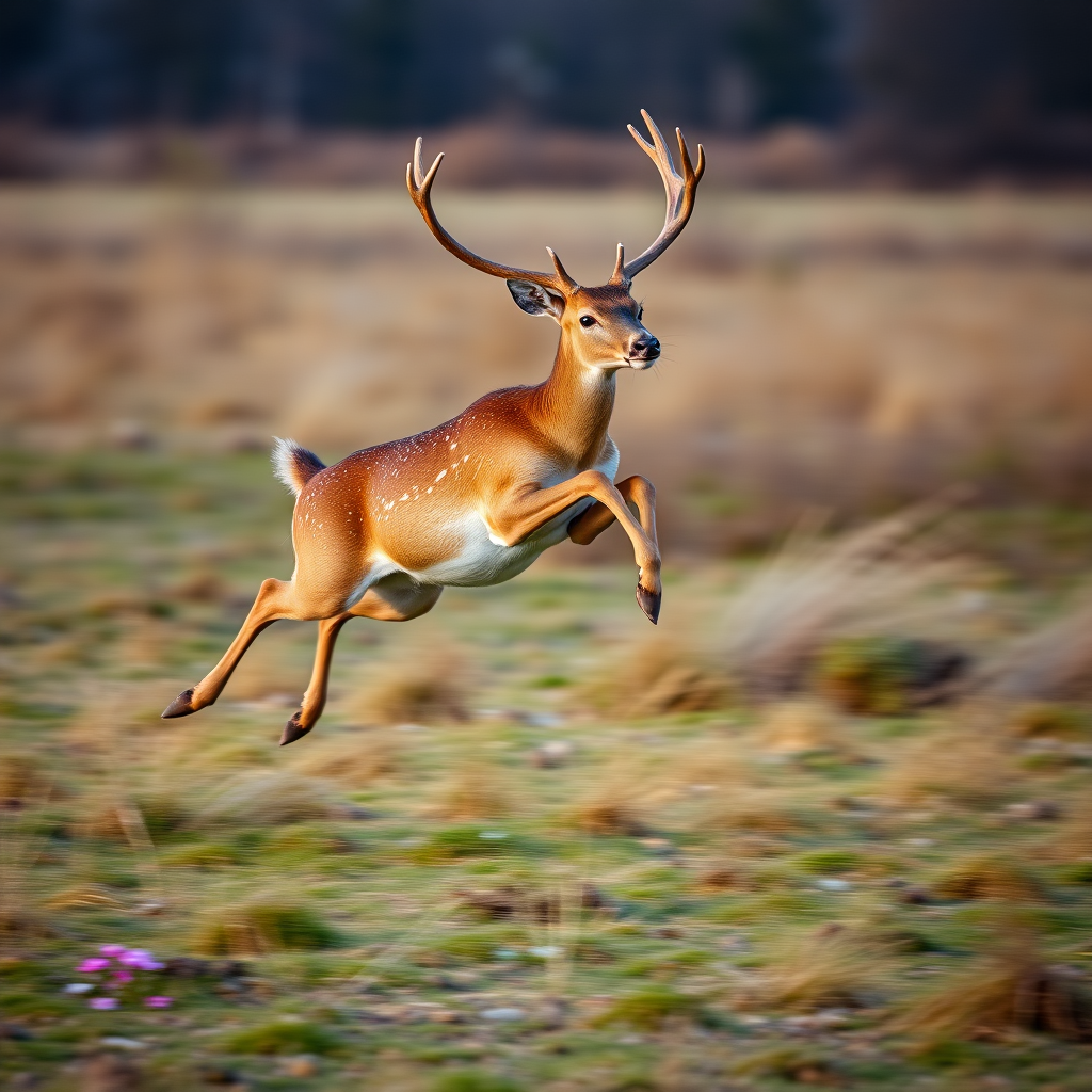high-speed capture of a leaping deer in a natural field setting, aperture f/4, shutter speed 1/1000s, ISO 400, 85mm lens, shot from a low angle for dynamic perspective, using a DSLR camera