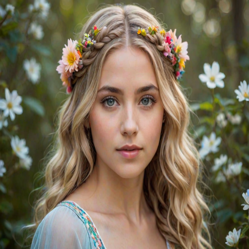 Create an image of a young Hispanic woman with long, wavy blonde hair, adorned with small, colorful flowers woven into her braids and loose strands. Her complexion is fair, with soft, glowing skin, and she has light blue eyes that gaze softly at the viewer. She wears a light, flowing dress with a gentle, ethereal quality, complementing her delicate and serene appearance. The background is slightly blurred, drawing focus to her tranquil expression and the intricate details of the flowers in her hair. The overall mood of the image is one of natural beauty and grace, evoking a sense of peacefulness and connection with nature.