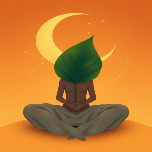 Create a digital illustration of a seated figure with a large leaf, surrounded by a crescent moon and constellation lines, using a warm color palette, shot with a Canon EOS R5 at f/8, ISO 100, 50mm lens in a soft focus artistic style.