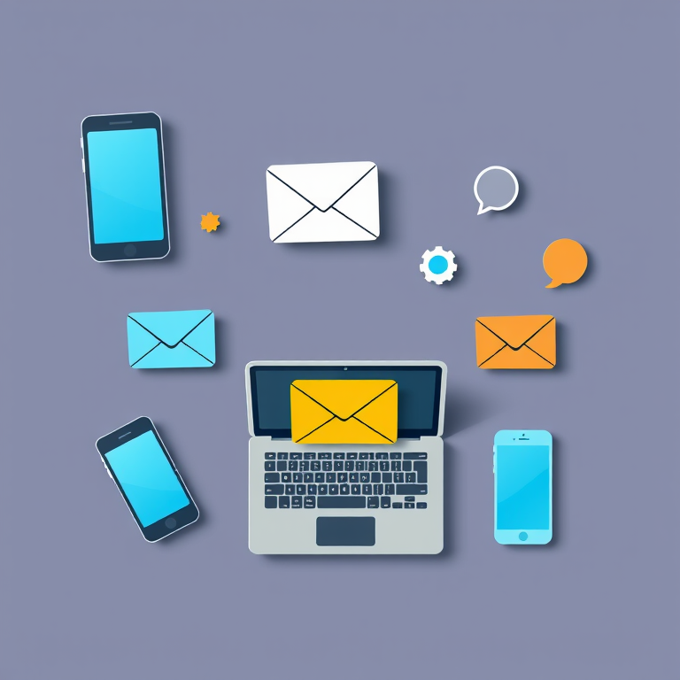 create a high-resolution digital illustration of communication icons including a smartphone, laptop, email, phone, and speech bubble in a modern flat design style, soft lighting, camera settings: ISO 100, f/2.8, 1/125 sec, camera view: overhead, camera style: minimalistic, camera type: digital SLR