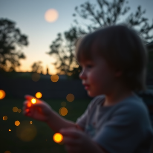 Blurry, candid photo of a child chasing fireflies in a backyard at dusk, soft glow from the bugs illuminating their face, distant trees silhouetted against the sky, and the sound of distant crickets filling the air.