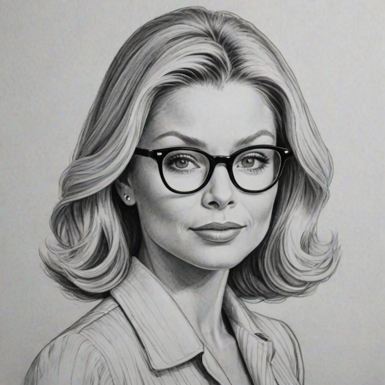Lovely Kelly Ripa, pencil sketch, portrait of Pleasing woman 1946s in glasses, hair style beatnik, outline, clear lines, fine lines, 8k