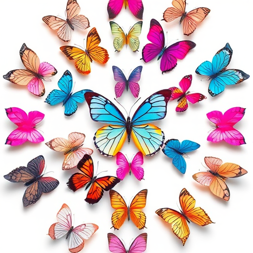 Create a vibrant circular pattern featuring various butterflies in shades of pink, blue, and gold on a clean white background, using a DSLR camera with a 50mm lens at f/2.8, ISO 100, and a shallow depth of field to enhance image quality and focus on butterfly details.