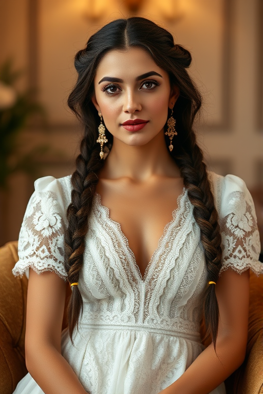 Create a portrait of a refined and elegant Kurdish woman seated in a sophisticated setting. She has long, wavy hair styled in two thick braids that are pulled over her shoulders. She wears a white, lace gown with intricate patterns, featuring a deep V-neckline and short sleeves. The dress exudes a vintage charm with its delicate lacework. She is adorned with ornate, dangling earrings that add a touch of glamour to her appearance. The background is softly lit, with warm, ambient lighting that creates a cozy and inviting atmosphere. Her expression is poised and serene, capturing a sense of grace and elegance.