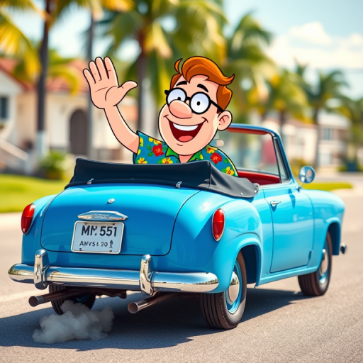A vibrant cartoon of a blue convertible with a cheerful character waving, wearing a colorful Hawaiian shirt, with smoke coming from the exhaust, shot with a DSLR camera, aperture f/4, shutter speed 1/500s, ISO 100, in a bright outdoor setting.