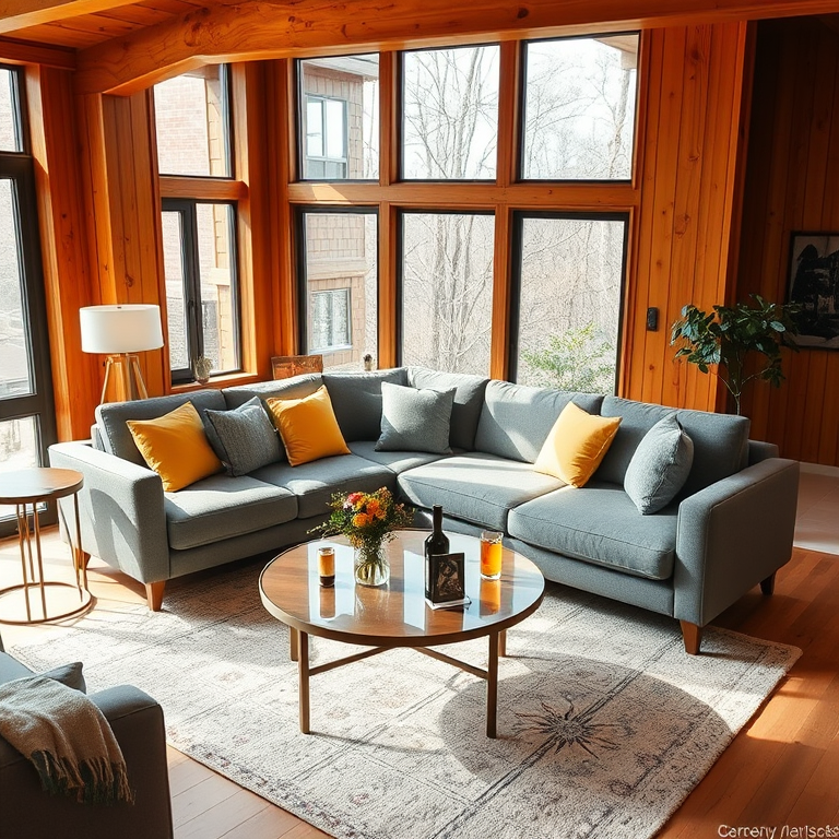 interior living room with a modern gray sectional sofa adorned with yellow and gray pillows, a round coffee table with drinks and flowers, warm wooden walls, large windows letting in natural light, taken with a DSLR camera at f/2.8 aperture, 35mm lens, shot from a high angle to create depth and capture the coziness of the space, natural light settings for enhanced brightness and color saturation