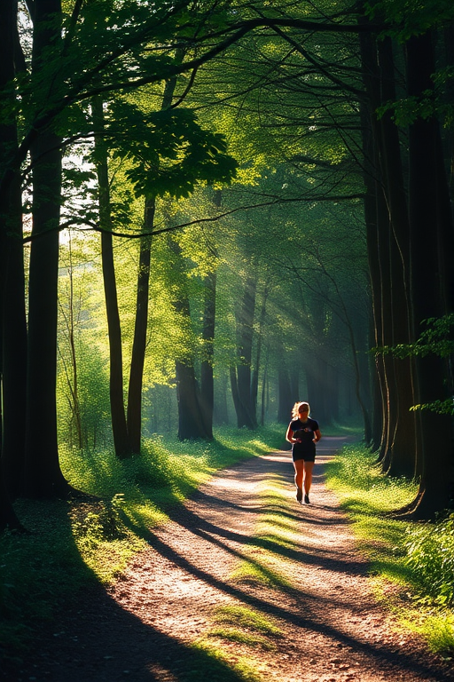 Serene forest trail, with sunlight filtering through the leaves, a woman jogging along the path, and the sounds of birds chirping creating a peaceful ambiance.
