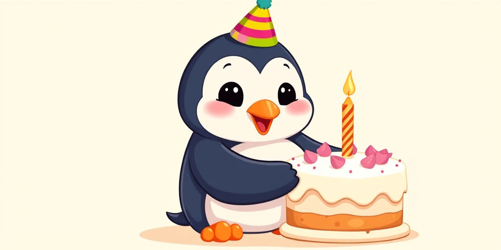Cute cartoon penguin holding a birthday cake with a candle, colorful party hat, vector style, f/2.8 aperture, ISO 100, 50mm lens, 3-point lighting setup, digital illustration style.