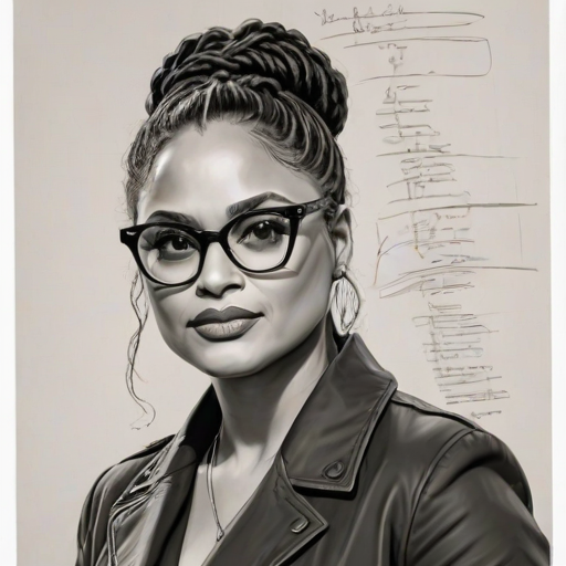 Alluring Ava DuVernay, pencil sketch, portrait of Splendid woman 1963s in glasses, hair style beatnik, outline, clear lines, fine lines, 8k