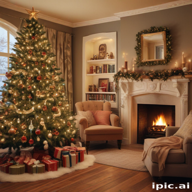 Cozy Christmas Living Room with Decorated Tree and Warm Fireplace Ambiance