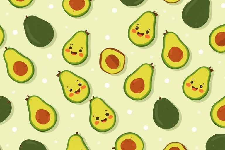 Cute cartoon avocados with smiling faces and pits scattered across a light green background with small white dots. Some avocados are whole, some are halved, and a few are slices, all showcasing expressive faces.