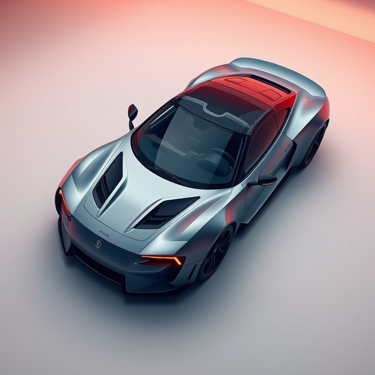 Generate a hyper-realistic 3D render of a sleek modern sports car in a minimalistic studio setting, using a Canon EOS R5 with a 50mm lens at f/1.8, ISO 100, and a shutter speed of 1/200s, top-down perspective with soft diffuse lighting to enhance shadows and highlights.