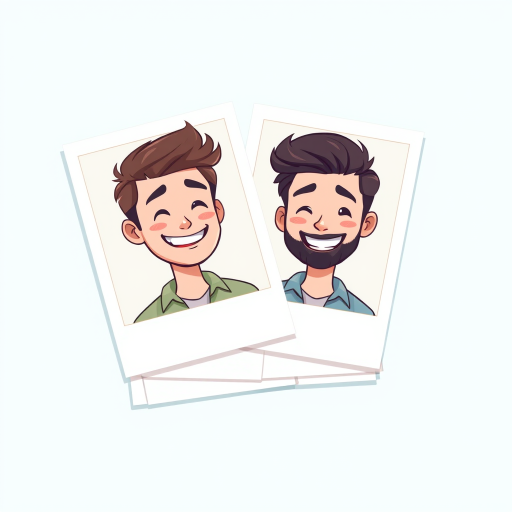 Create a digital illustration of stacked polaroid photos featuring two cartoon-style male characters with cheerful expressions, using a soft pastel color palette and a light blue background, in high-resolution 300 DPI, shot with a Canon EOS R5 at f/4, ISO 100, 50mm lens, natural soft lighting for a warm feel.