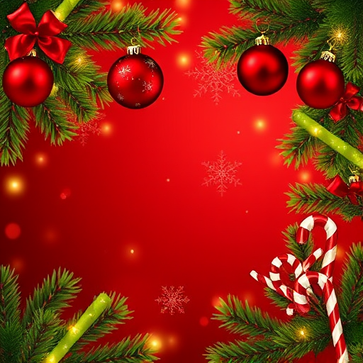 Create a festive Christmas background featuring lush green pine branches adorned with bright red ornaments and sparkling lights. Include delicate golden snowflakes and candy canes, with a deep red backdrop filled with soft glowing stars and a warm holiday ambiance.