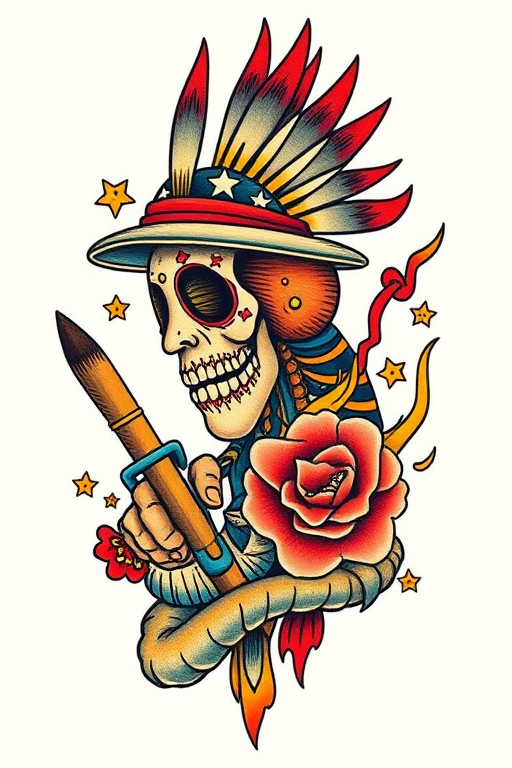 Traditional American tattoo reimagined with a modern twist, featuring bold linework and vibrant colors in a mashup of classic motifs and contemporary pop culture references