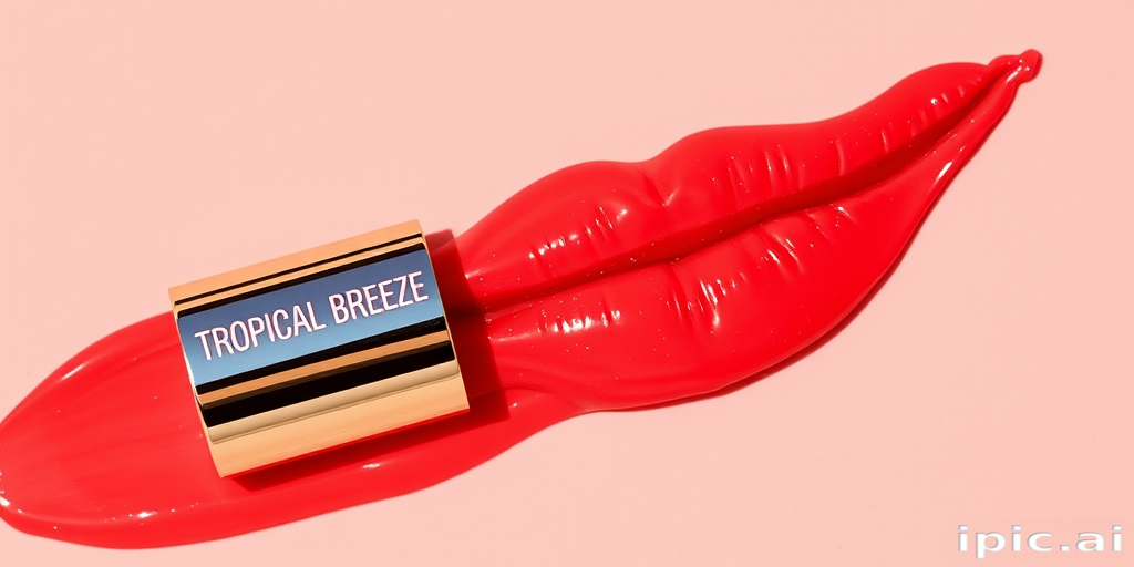 Vibrant coral sunset lip stain "Tropical Breeze" with glossy finish and subtle shimmer, perfect for beachwear and summer evenings, long-lasting and hydrating formula