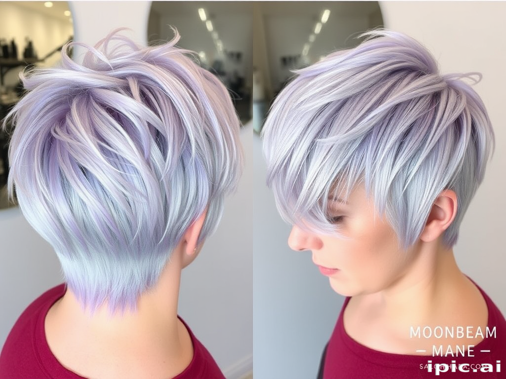 Icy silver pixie cut with lavender undertones, crafted by "Moonbeam Mane" salon, showcasing a textured, feathered top with closely tapered sides and nape, enhanced by a subtle metallic sheen that gives the illusion of starlight captured in hair.