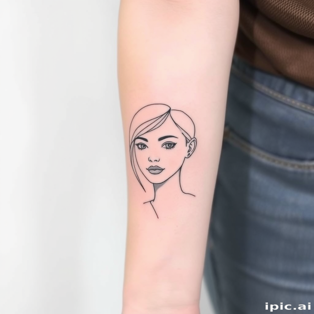 Minimalist fine line tattoo of a continuous one-line portrait on the forearm, showcasing delicate and precise linework with negative space to create a captivating and elegant design