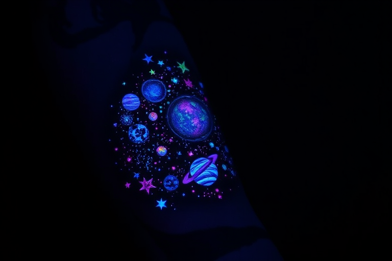 Mystical blacklight tattoo on the forearm, revealing a hidden galaxy scene with glowing stars, planets, and nebulae when exposed to UV light
