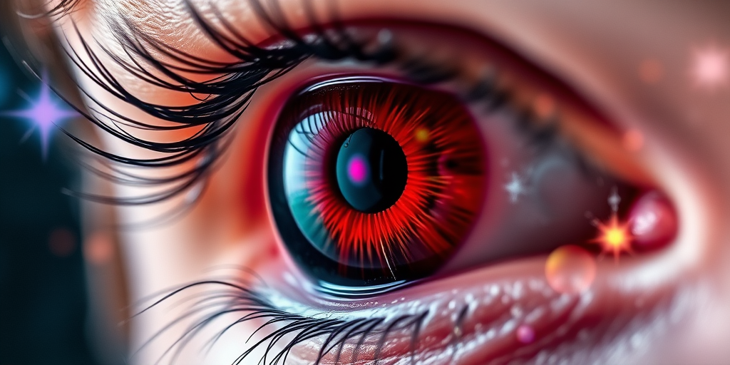 Create a close-up portrait of a human eye with an intense red iris, featuring shattered glass effects and colorful cosmic elements surrounding it, using a 50mm lens at f/1.8, ISO 100, and a shutter speed of 1/200s, captured with a DSLR camera in high dynamic range style.