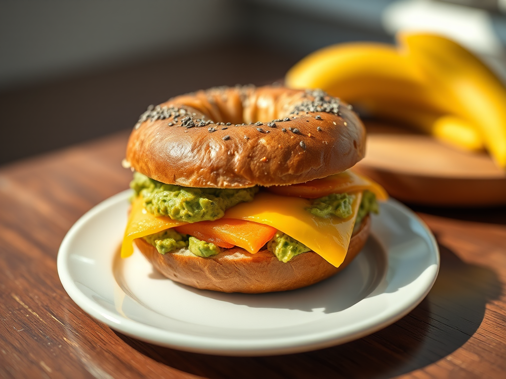 regenerate a close-up image of a bagel sandwich filled with guacamole and melted cheese on a simple white plate with natural sunlight lighting, using a DSLR camera, aperture f/2.8, shutter speed 1/250s, ISO 200, capturing a shallow depth of field for a blurred background effect