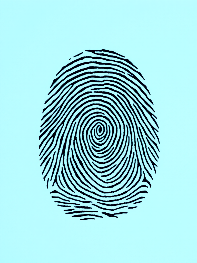 create a high-resolution image of a fingerprint on a light blue circular background with soft lighting, using a DSLR camera with a 50mm lens, aperture set to f/2.8, ISO 100, and a shallow depth of field for enhanced detail and clarity.