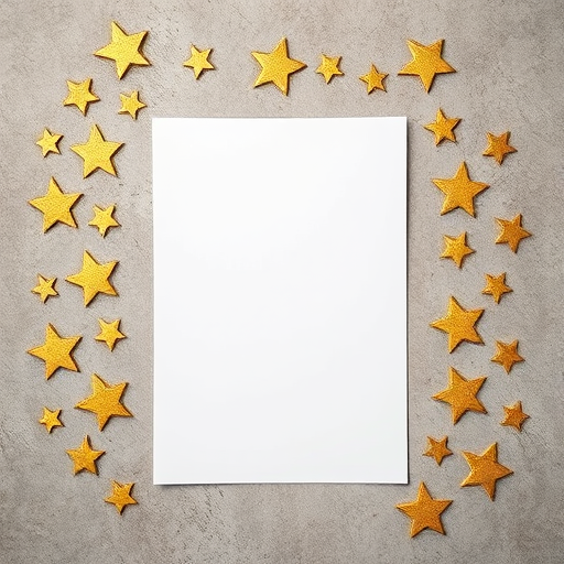 Create an image of a blank document surrounded by golden, star-like patterns on a textured background, shot with a DSLR camera at f/2.8, ISO 100, 1/125s, in a top-down view with soft focus for a dreamy aesthetic.