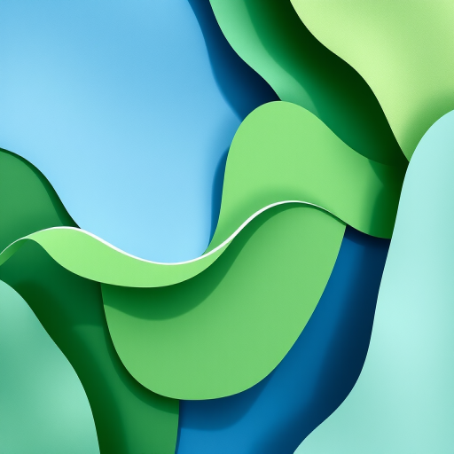 Create an abstract composition featuring overlapping organic shapes in shades of green and blue, with a flowing white line separating the shapes, captured with a DSLR camera at f/8, ISO 100, 50mm lens, top-down view, natural light to enhance color vibrancy.