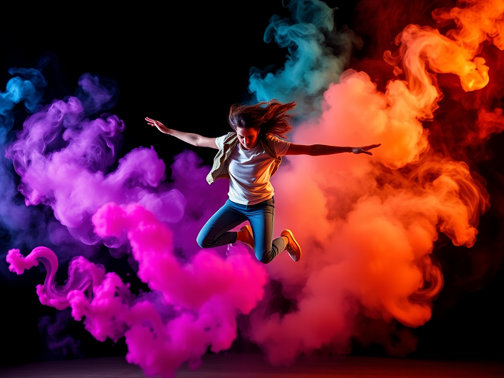 High-energy dancer mid-air with colorful smoke trails, ISO 100, f/2.8, 1/250s, shot with a DSLR camera, 35mm lens, portrait mode, vibrant colors, dramatic lighting.