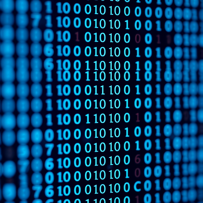 Generate an image of a digital binary code background with a focus on blue hues, using a Canon EOS R5, 50mm lens, f/1.8 aperture, ISO 200, capturing the scene in a macro view with a high dynamic range.