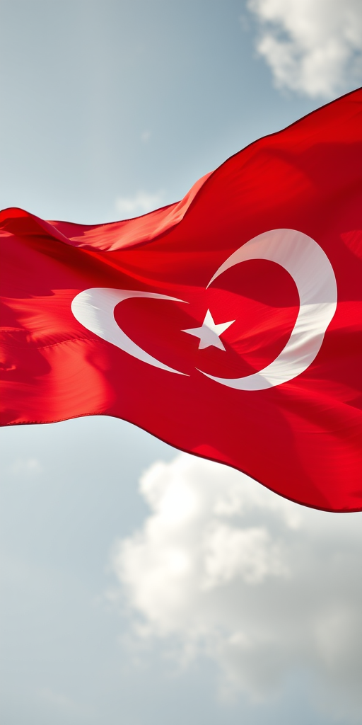 Create a high-resolution image of the Turkish flag waving in the wind, using a DSLR camera with a 50mm lens, aperture set to f/2.8, ISO 100, and a shutter speed of 1/400s, shot from a low angle for a dramatic effect and vibrant colors.