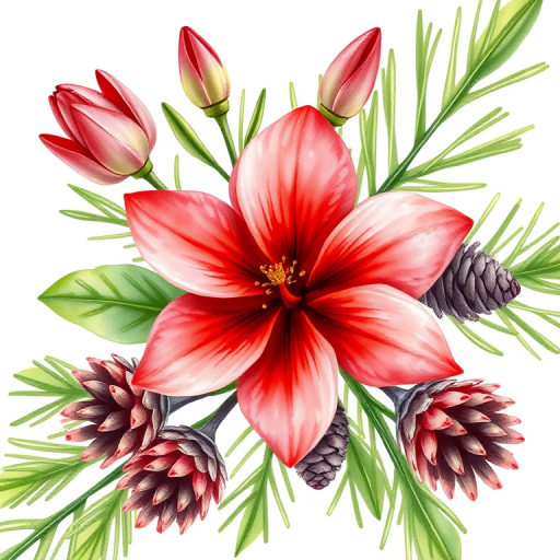 Create a high-resolution watercolor illustration of a vibrant red flower with green leaves and pinecones, shot with a Canon EOS 5D Mark IV at f/4, 1/200s shutter speed, ISO 100, in natural soft lighting for enhanced detail and depth.