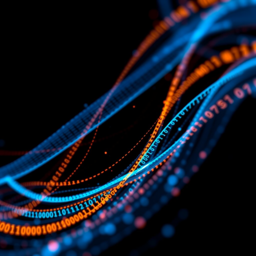 Create an abstract digital art piece featuring swirling streams of binary code in blue and orange against a dark background, shot with a DSLR camera at f/8 aperture, ISO 100, and a 50mm lens for sharp detail and vibrant colors, with a shallow depth of field to enhance the visual focus.