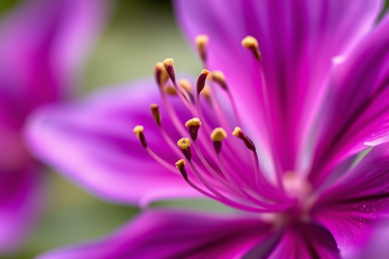 macro shot of a vibrant purple flower with detailed stamens, f/2.8 aperture, 1/200 sec shutter speed, ISO 100, 50mm lens, natural light, shallow depth of field, taken with a digital DSLR camera
