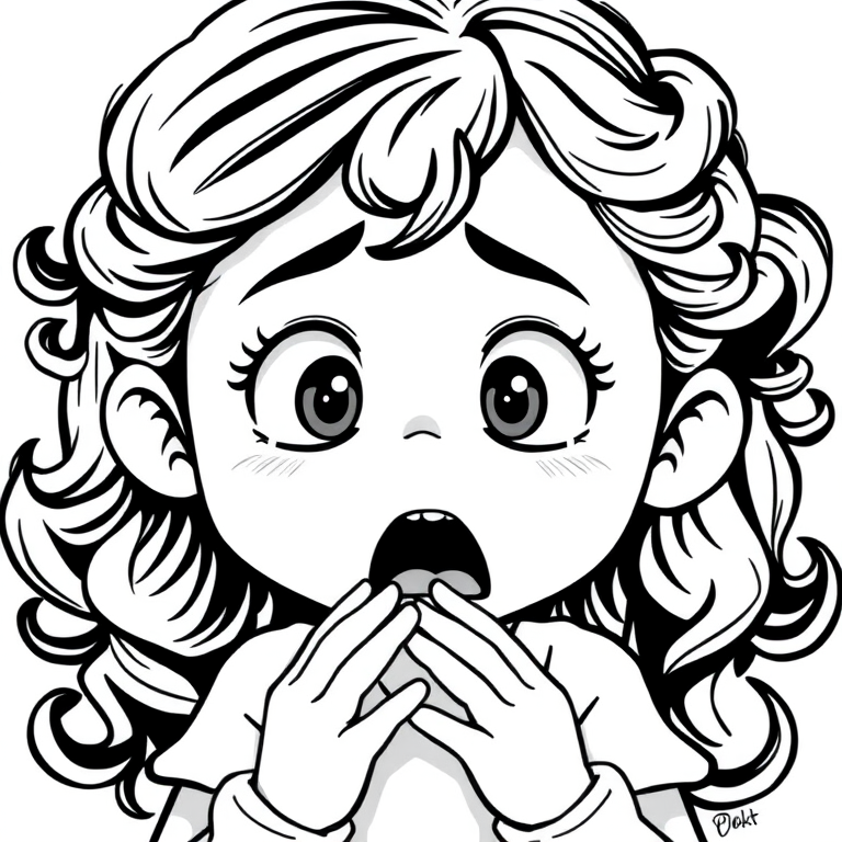 The image is a black and white illustration of a young girl with curly hair. She has a surprised expression on her face with her mouth open and her hands clasped together in front of her chest. Her eyes are wide and her eyebrows are furrowed. Her hair is styled in loose curls that are cascading down her back. The overall mood of the image is one of shock or surprise.