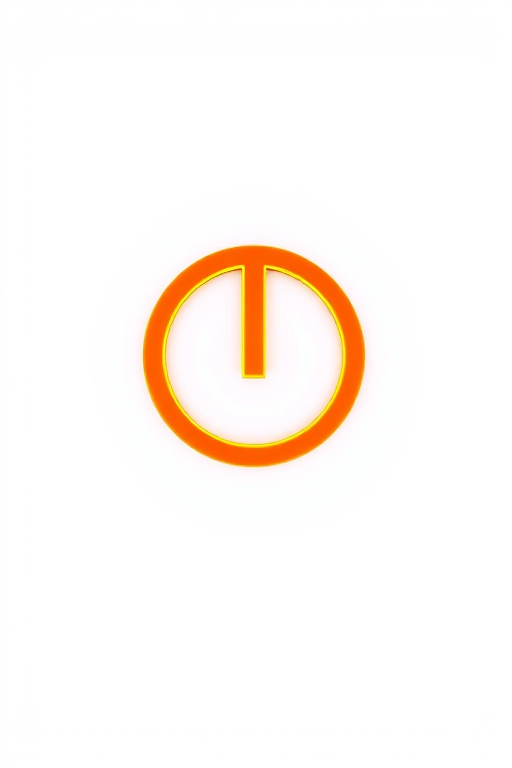Create a high-resolution image of a power symbol in bright orange against a white background, using a Canon EOS R5 camera with a 50mm f/1.2 lens, aperture set to f/2.8, ISO 100, and a shallow depth of field to enhance focus on the symbol.