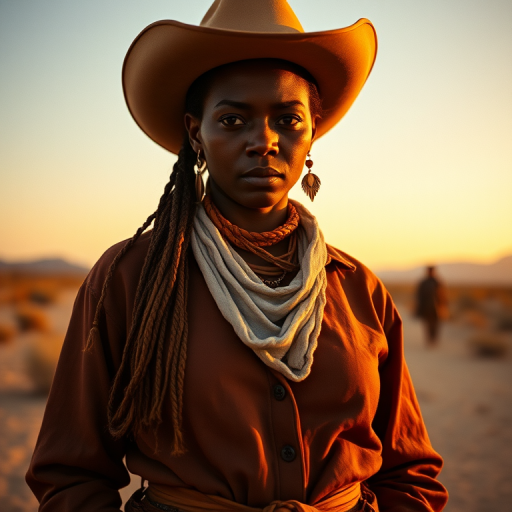 Dramatic photo of a beautiful Kikuyu woman, classic cowboy attire, confident and free spirit expression, half-length portrait, centered, golden hour desert landscape, warm, diffused light, low angle, medium format film camera, in style of Annie Leibovitz.
