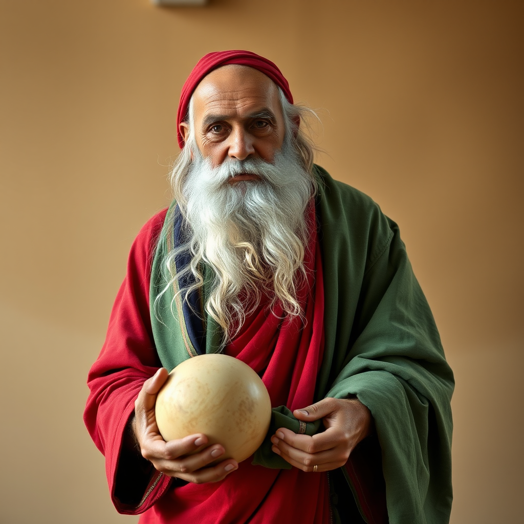 Create a high-resolution image of an elderly man with a long beard, wearing a red robe and a green draped garment, holding a large round object in one hand while gesturing with the other, using a Canon EOS R5, 50mm lens, f/1.8 aperture, ISO 100, 1/125 second shutter speed, natural light, frontal view, and fine art style.